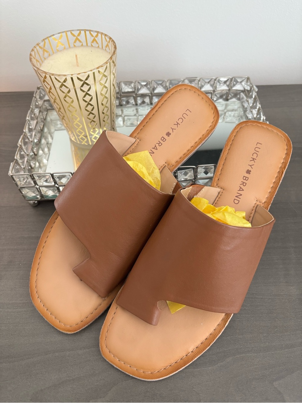Lucky Brand Brown Leather Slide Sandals | Minimalist Flat Mules Size 8.5 - Picture 4 of 10